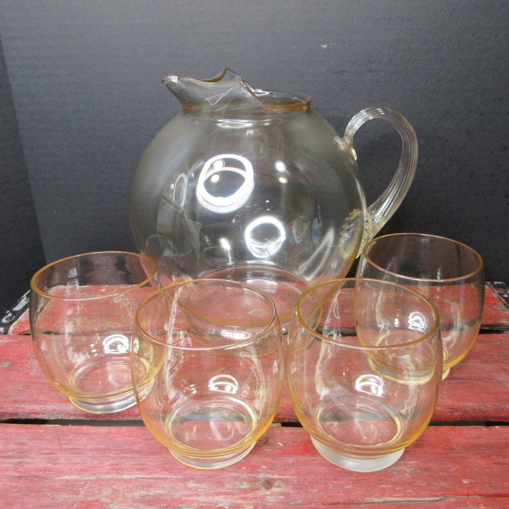 Vintage Amber Yellow Glass Pitcher & 4 Tumblers Set Juice Water Retro
